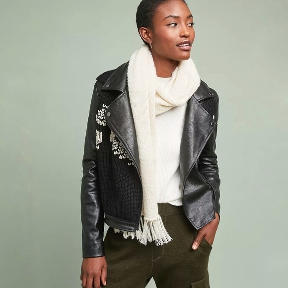 Anthropologie ett:twa leather moto jacket sweater knit trimmed black Large